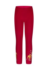 Rode leggings met een elastische tailleband, voorzien van een bedrukte afbeelding van twee bruine paarden en harten op de onderbenen. Glad textuur.
