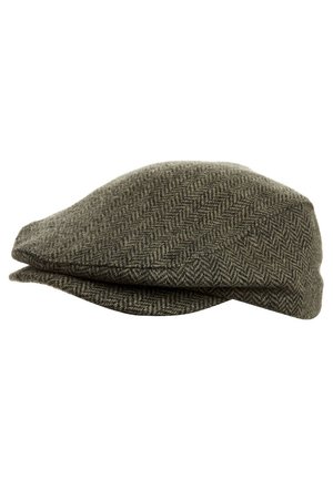 Casquette plate marron à motif chevrons avec une petite visière rigide, en tissu de laine texturé.