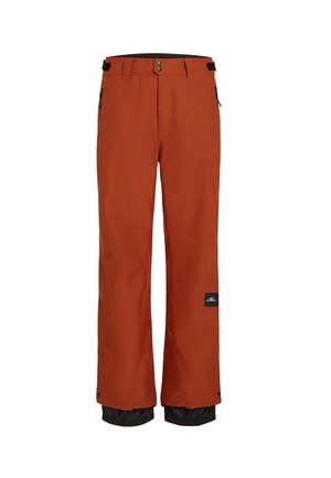 Pantalons de ski imperméables orange avec une ceinture ajustable noire, des poches latérales et des poignets élastiques pour la régulation de la température.