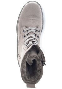 Gray ankle boot with a soft fabric upper, lined with faux fur, featuring gray laces, metal eyelets, and a loop at the back for easy wear.