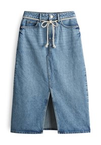 Gonna midi in denim, blu chiaro, con spacco frontale, vita con cordoncino, design classico a cinque tasche e dettagli di cucitura a contrasto.