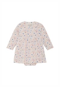 Langærmet kjole i lys creme med et blomsterprint i blå og pink, har en samlet talje og en rund halsudskæring. Blødt stof.