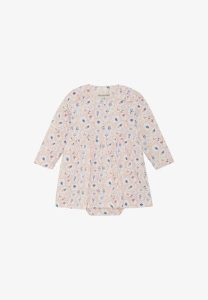 Langarm jurk in lichtcrème met een bloemenpatroon in blauw en roze, met een geraffineerde taille en een ronde halslijn. Zachte stof.