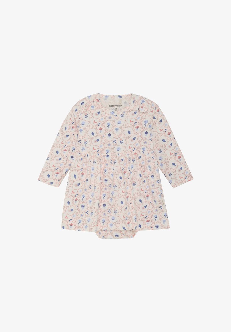 Long-sleeve dress in light cream with a floral pattern in blue and pink, featuring a gathered waist and a round neckline. Soft fabric.