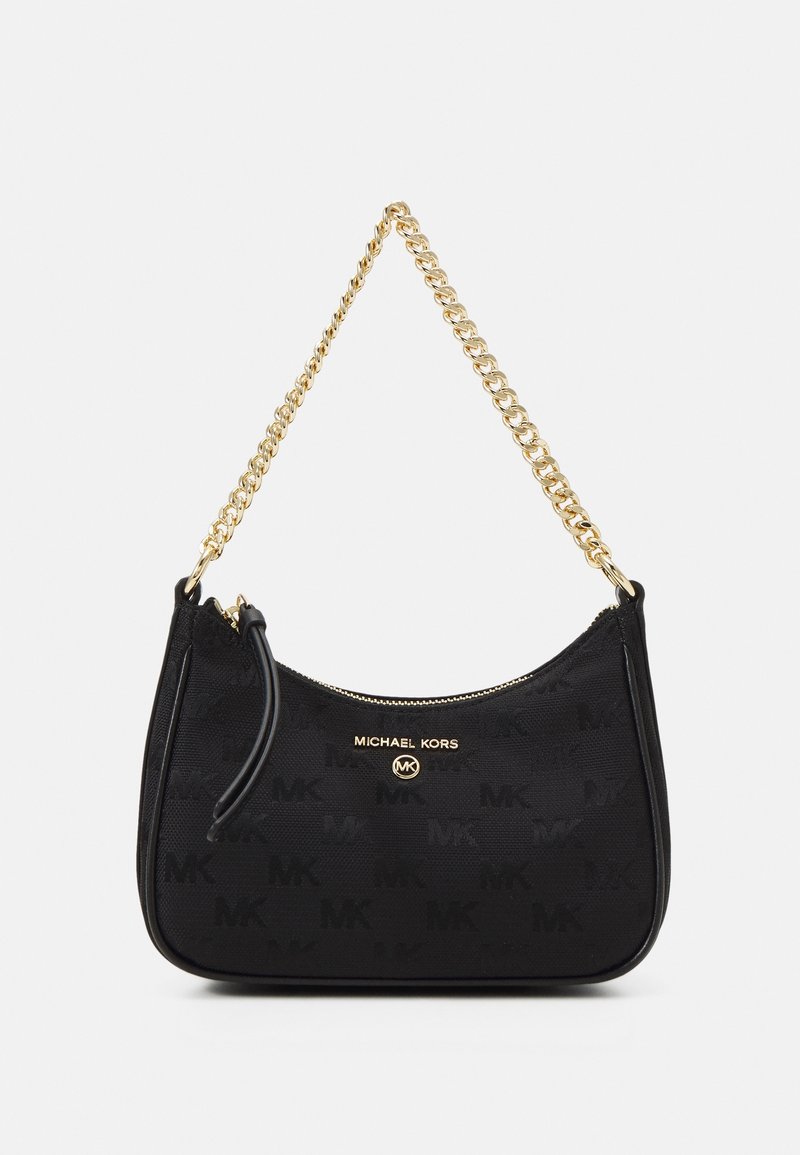 Petit sac à main noir Michael Kors avec un motif de logo subtil, lettrage du logo en or et une courte anse chaîne en or.