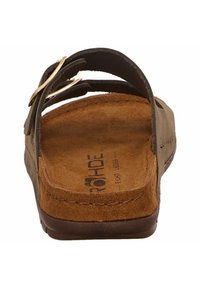 Braune Ledersandale mit einem Wildlederfußbett, zwei verstellbaren Riemen und goldfarbenen Beschlägen. Strukturierte Einlegesohle für Komfort. Lässiges Design.