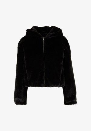 Black cropped hoodie made of soft faux fur, featuring a front zipper, hood, and long sleeves with ribbed cuffs. Smooth texture.