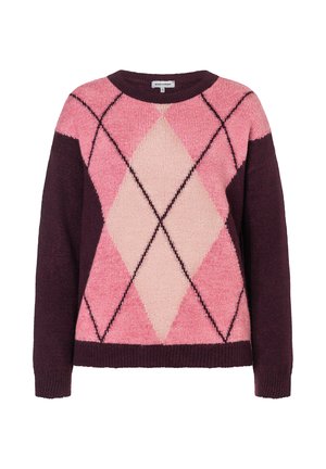 Gestrickter Pullover mit einem Argyle-Muster in verschiedenen Rosa- und Burgundertönen. Strukturierter Stoff mit langen Ärmeln und Rundhalsausschnitt.