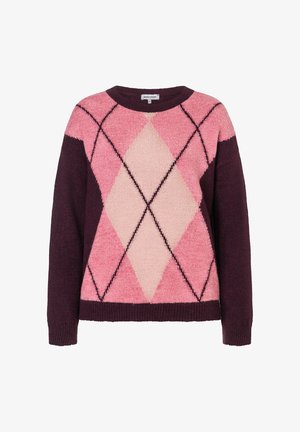 Sweter dzianinowy w wzór argyle, w odcieniach różu i burgundu. Teksturowana tkanina z długimi rękawami i okrągłym dekoltem.