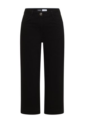 Pantalon noir droit raccourci avec bouton devant et poches, étiquette de taille de marque, confectionné en tissu lisse.