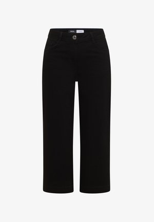 Pantalon noir droit raccourci avec bouton devant et poches, étiquette de taille de marque, confectionné en tissu lisse.