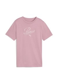 T-shirt court à manches courtes rose clair en coton doux avec un col rond. Présente le logo "Puma" blanc et un petit emblème Puma sur le devant.