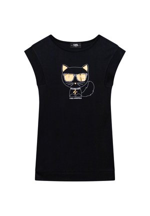 Czarna koszulka z krótkim rękawem z nadrukiem kreskówkowego kota w okularach i muszce z przodu. Miękka tkanina i luźny krój.