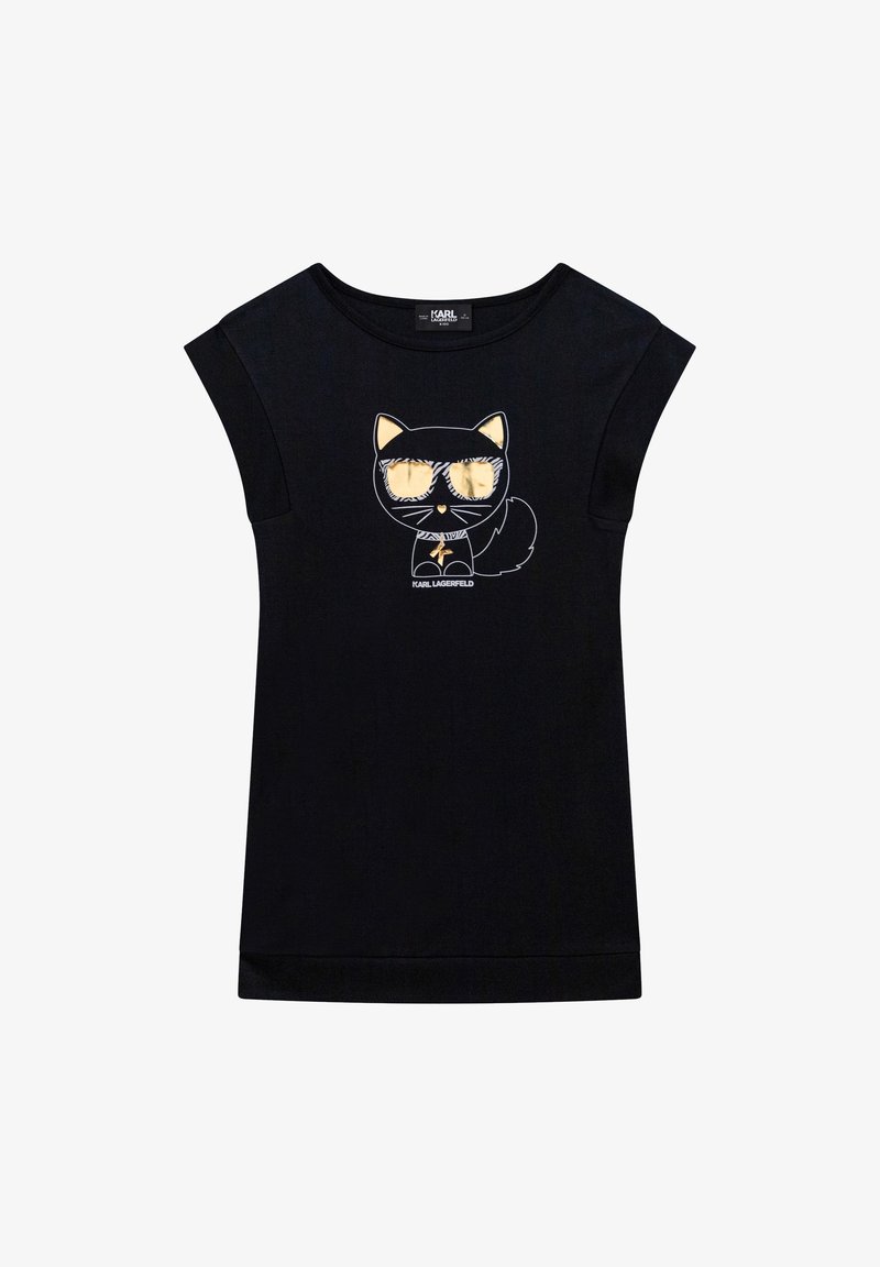 T-shirt nera a maniche corte con un gatto dei cartoni animati con occhiali e papillon stampato sulla parte anteriore. Tessuto morbido con vestibilità rilassata.