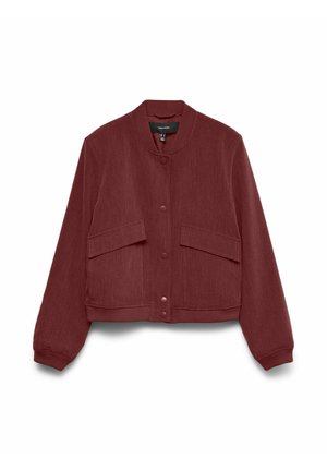 Burgundská bomber bunda s žebrovaným límcem, předními patentními knoflíky a dvěma náprsními kapsami. Měkká, texturovaná tkanina s krátkým střihem.