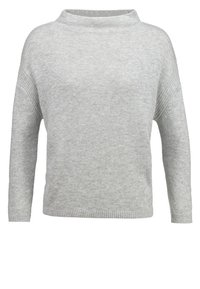 Gray knit sweater with a mock neck, long sleeves, and a relaxed fit. Features textured side panels and a ribbed hem.