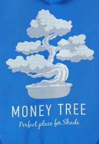 Kék kapucnis pulóver, amely stilizált pénzfát ábrázol szürke levelekkel és törzzsel. Alatta a felirat: "PÉNZFÁ" és "Tökéletes hely az árnyékra."