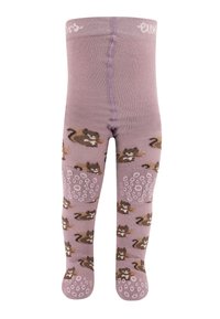 Leggings für Kinder in sanftem Flieder mit Katzenmuster und kreisförmigen Grifftexturen auf den Sohlen. Elastischer Bund für mehr Komfort.