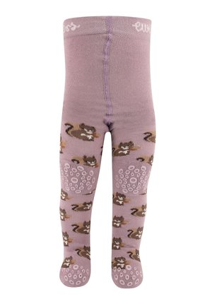 Leggings für Kinder in sanftem Flieder mit Katzenmuster und kreisförmigen Grifftexturen auf den Sohlen. Elastischer Bund für mehr Komfort.