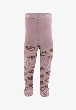 Leggings für Kinder in sanftem Flieder mit Katzenmuster und kreisförmigen Grifftexturen auf den Sohlen. Elastischer Bund für mehr Komfort.