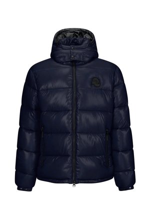 Giacca in piuma blu navy con colletto alto, zip frontale e due tasche laterali. Presenta pannelli cuciti e un logo sul lato sinistro del petto.