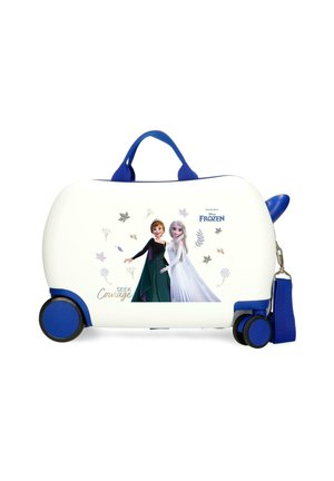 Maleta infantil blanca y azul con ruedas, asa, y los personajes Anna y Elsa de Frozen, con el texto "Busca valor" y hojas decorativas.