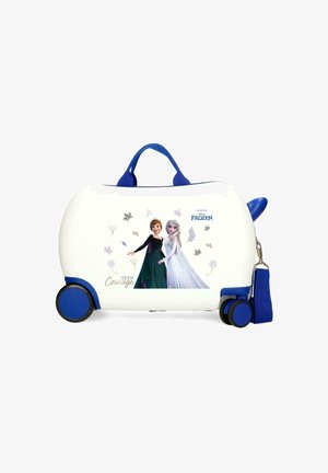 Maleta infantil blanca y azul con ruedas, asa, y los personajes Anna y Elsa de Frozen, con el texto "Busca valor" y hojas decorativas.