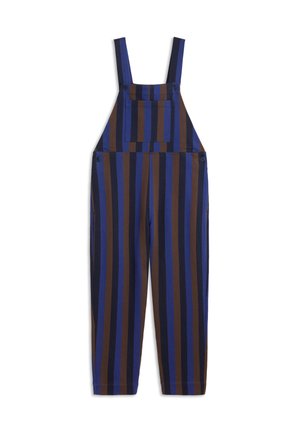 Salopette a righe blu e marrone con tasca frontale e spalline regolabili. Realizzata in un tessuto resistente, presenta una vestibilità comoda.