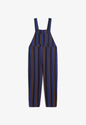 Blaue und braune gestreifte Latzhose mit einer Fronttasche und verstellbaren Schulterträgern. Hergestellt aus einem strapazierfähigen Stoff und mit einer lockeren Passform.