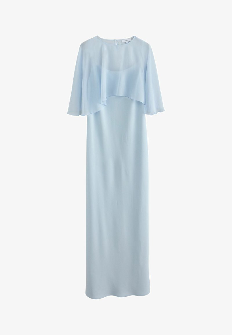 Light blue floor-length dress with a loose, sheer overlay cape covering the shoulders and upper arms.