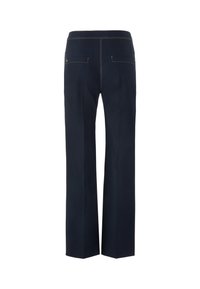 Navy wide-leg trousers with a smooth texture, featuring two rear pockets, contrast yellow stitching, and a streamlined cut.