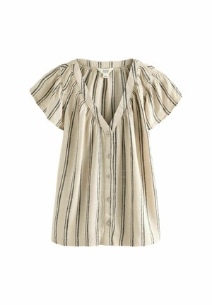 Beige Bluse mit kurzen Ärmeln und schwarzen vertikalen Streifen, V-Ausschnitt, Knopfleiste vorne und gerafftem Stoffdetail an den Schultern.