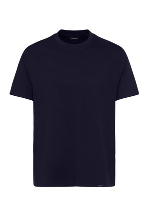 Navy blue cotton t-shirt with short sleeves, crew neck, and a straight cut; features a small brand tag at the bottom left.