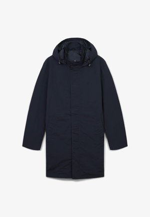 Cappotto impermeabile blu navy con cappuccio, maniche lunghe, taglio dritto e due tasche laterali, realizzato in un tessuto liscio e con dettagli minimi.