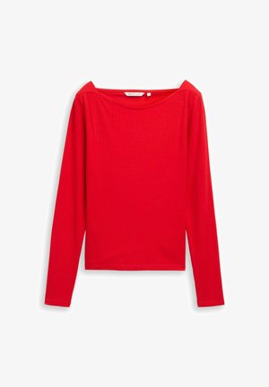 Červený dlhý rukáv top s ribbovanou textúrou, boxovou siluetou a širokým výstrihom. Má čisté švy a bežný strih.
