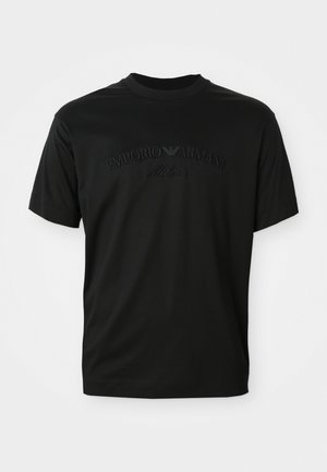 Zwarte short-sleeve t-shirt met ronde hals, voorzien van een tonal geborduurd logo "Emporio Armani Milano" op de voorkant. Gladde textuur.