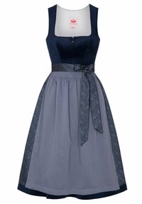 Marineblaues ärmelloses Kleid mit taillierter Oberseite, Reißverschluss vorne und grauem, plissiertem Rock. Mit einem gemusterten Taillenband und ausgestelltem Saum.