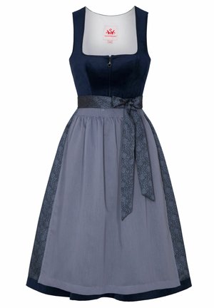 Robe sans manches bleu marine avec un corsage ajusté, fermeture éclair sur le devant, et une jupe plissée grise. Elle dispose d'un ruban de taille à motif et d'un ourlet évasé.