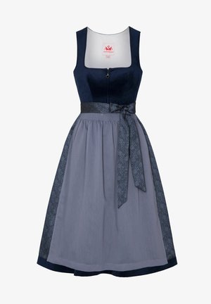 Robe sans manches bleu marine avec un corsage ajusté, fermeture éclair sur le devant, et une jupe plissée grise. Elle dispose d'un ruban de taille à motif et d'un ourlet évasé.