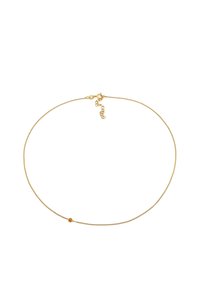 Collana delicata a catena in tonalità oro, caratterizzata da una piccola perla rotonda arancione, fissata con un gancio a molla e una catena di estensione regolabile.