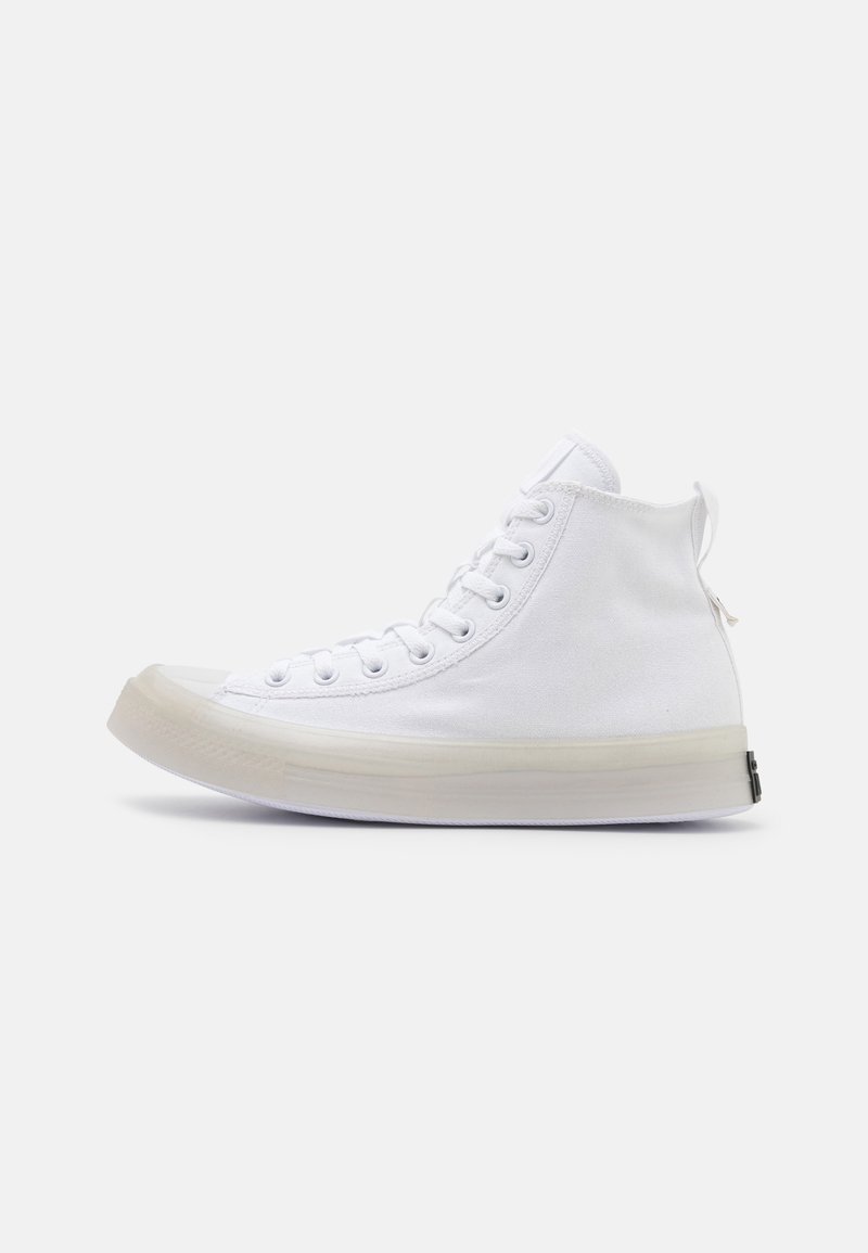 Baskets montantes en toile blanche avec lacets blancs et une semelle épaisse en caoutchouc blanc cassé sur un fond neutre.
