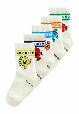 Vita bomullssockor med färgglada stickade manschetter och tryckta figurer: Mr. Happy, Noisy, Tickle, Cool och Strong. Varje par har djärva mönster.
