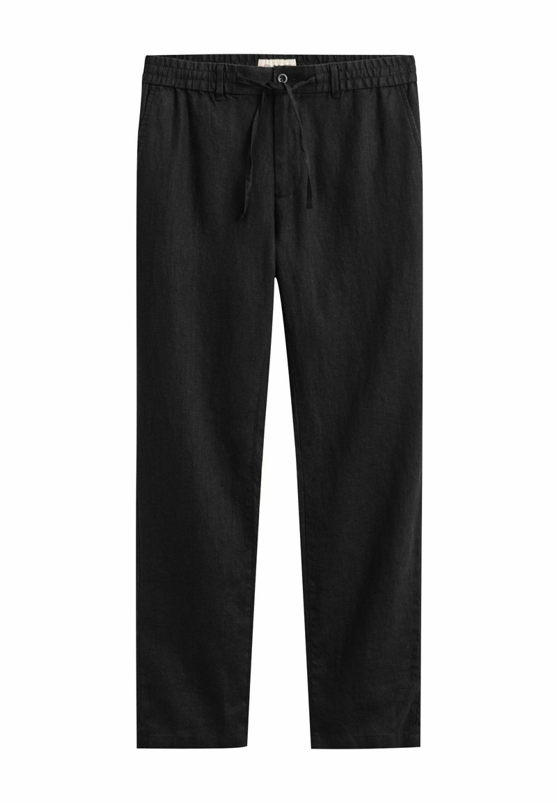 Schwarze locker sitzende Hose mit elastischem Bund und vorderem Kordelzug, mit seitlichen Taschen und geradem Bein.