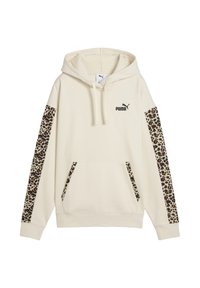 Hoodie crème avec des accents en impression léopard sur les manches, poche kangourou à l'avant et logo sur la poitrine. Fabriqué à partir d'un tissu doux avec une coupe décontractée.