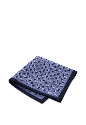 Gefaltetes blaues Einstecktuch mit dunklem Paisley-Muster und schwarzem Rand, mit dem Text "BOGGI MILANO" in einer Ecke gebrandmarkt.