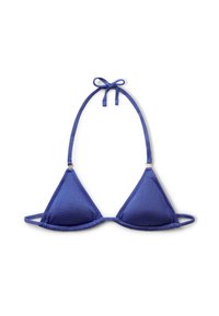 Top bikini a triangolo blu con spalline sottili e chiusura a fiocco. Realizzato in tessuto liscio con una leggera lucentezza e senza motivi o elementi hardware visibili.