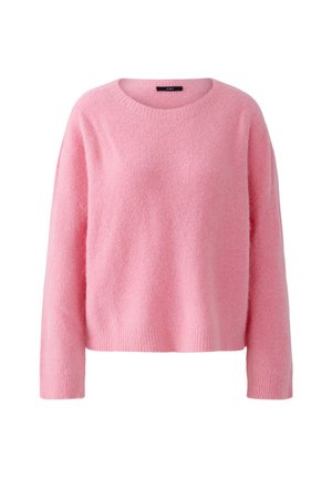Weicher, rosa Pullover mit langen Ärmeln, Rundhalsausschnitt, gerippten Bündchen und Saum, mit einer flauschigen, gemütlichen Textur.