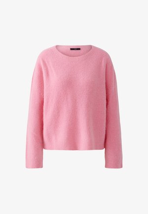 Weicher, rosa Pullover mit langen Ärmeln, Rundhalsausschnitt, gerippten Bündchen und Saum, mit einer flauschigen, gemütlichen Textur.