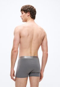 Graue Boxershorts mit silbernem Bund, aus weichem Stoff, enger Schnitt, Rückansicht. Haut ist am oberen Rücken sichtbar.