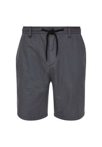 Graue Shorts aus leichtem Stoff mit einem elastischen Bund und einem Kordelzug sowie Seitentaschen. Glatte Textur, lässiges Design.